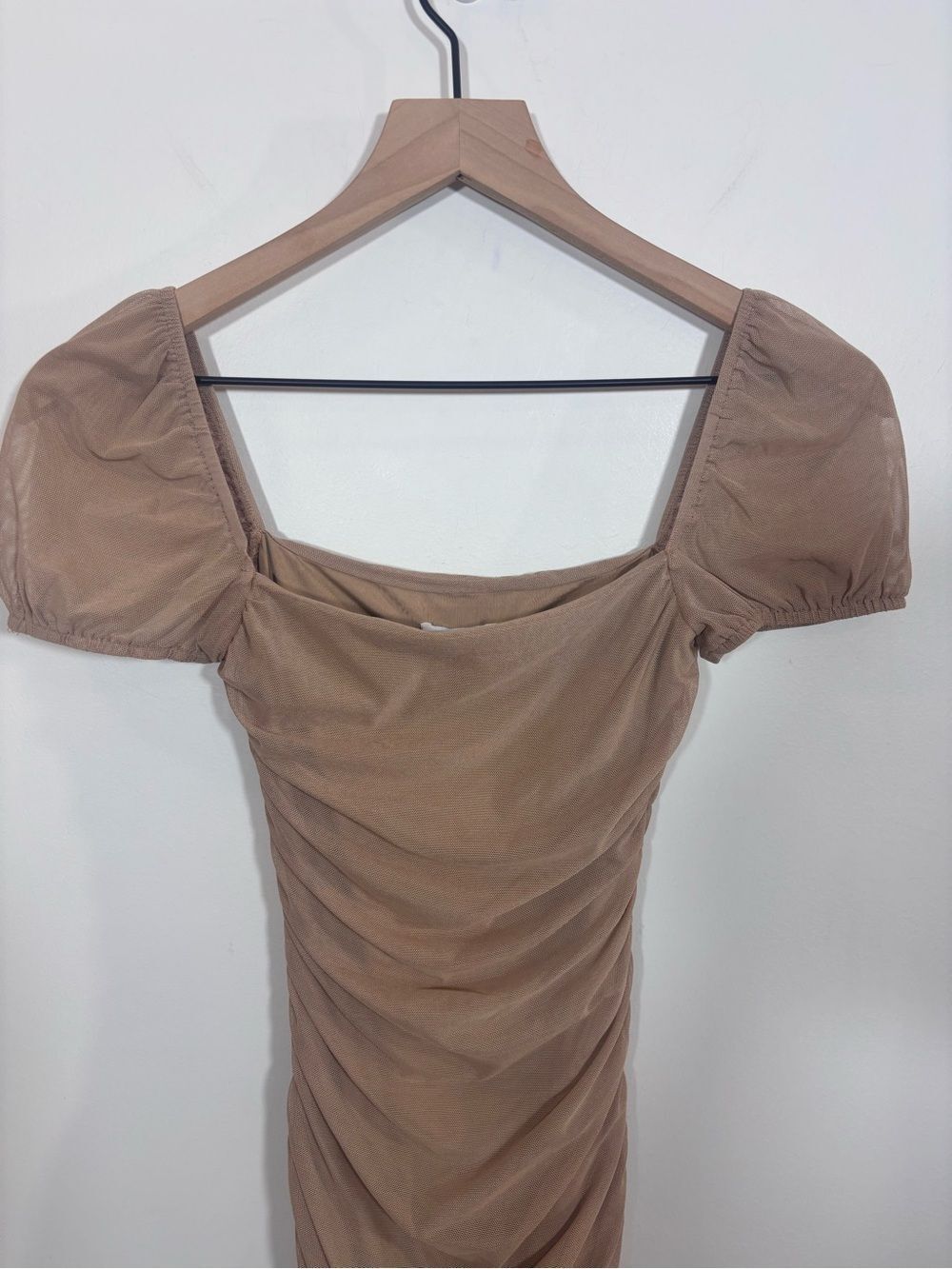 Princess Polly Charvi Mini Dress Tan NWT US 2 Ruching Sexy Mesh Stretch - Picture 5 of 14
